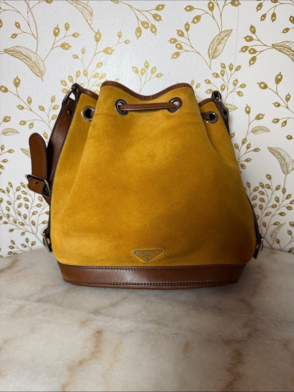 Prada Mustard Yellow Suede Drawstring Bucket Bag with Brown Trim